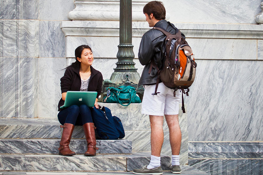 students meet on campus