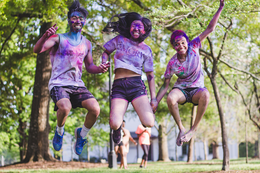 Oxford students jump after color run
