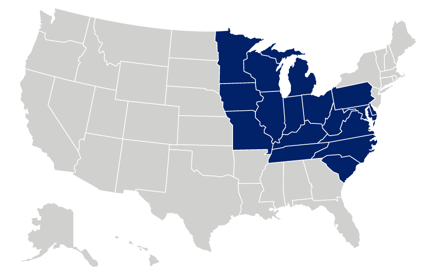 Map of the United States highlighting the Midwest region