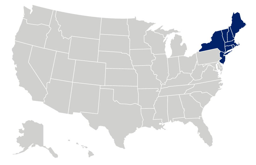 Map of the United States highlighting the Northeast region
