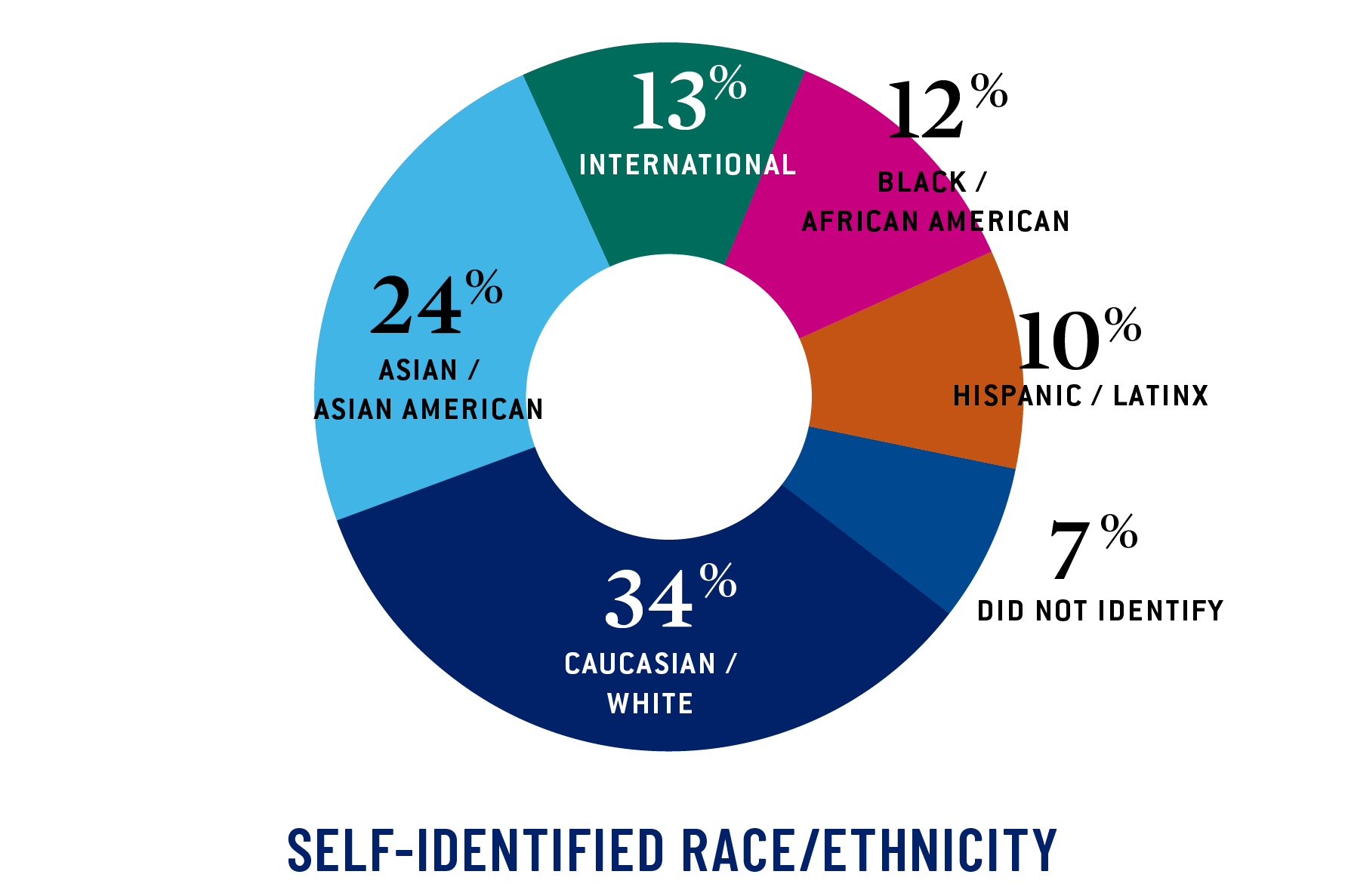 Pie graph: Caucasian/White 34%, Asian/Asian American 24%, International 13%, African American/Black 12% ; Hispanic/Latinx 10%, Did Not Identify 7%