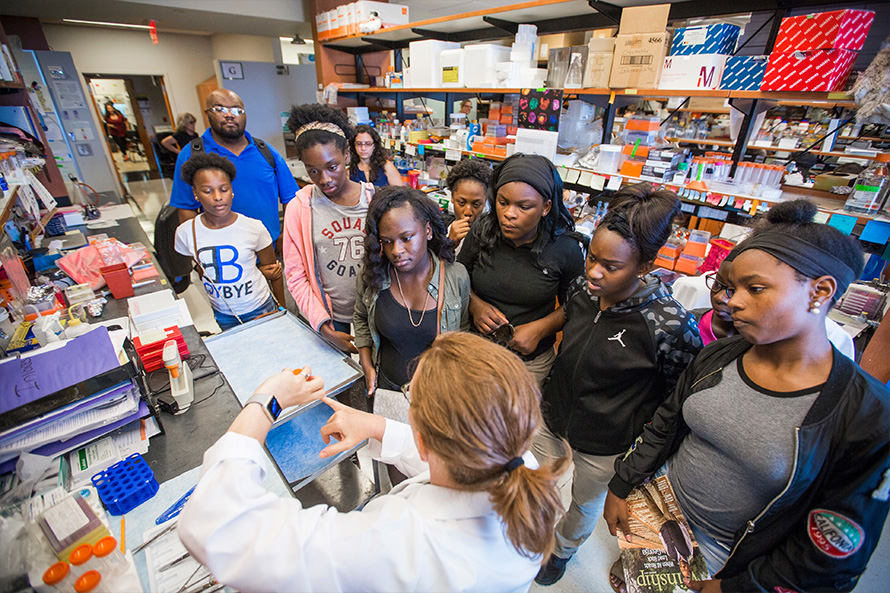 A group of high-school students visiting the Oxford campus bookstore