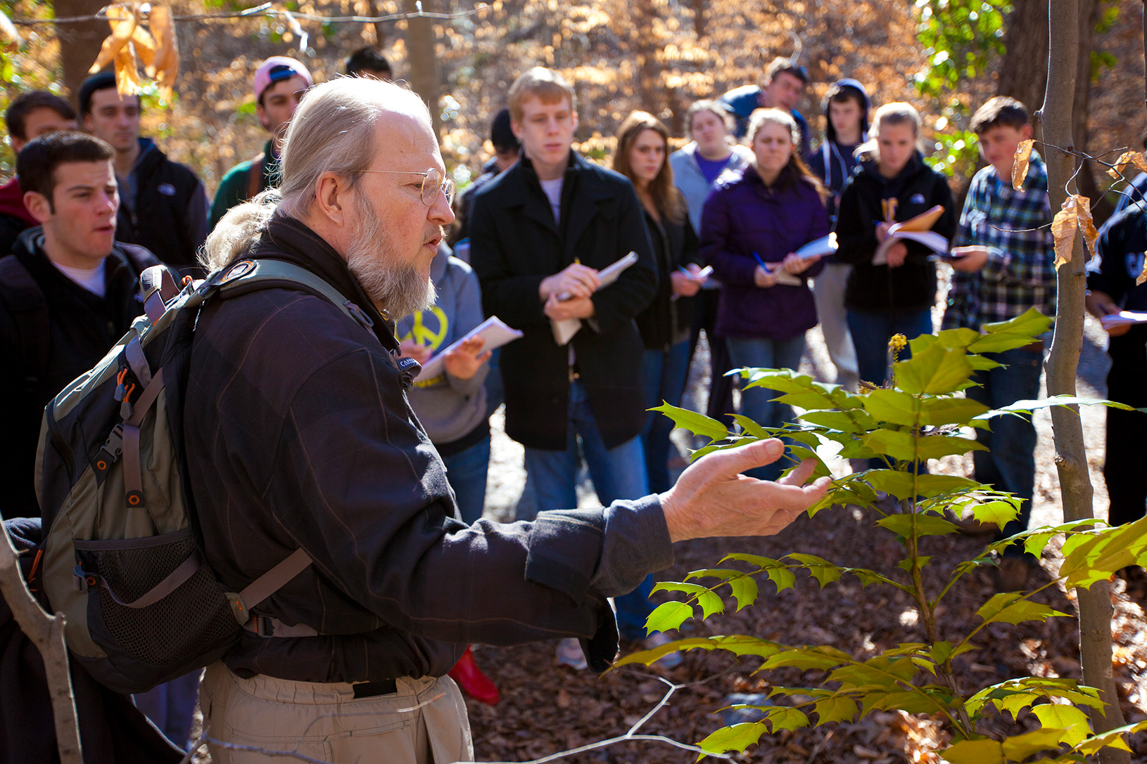 Professor and students in the woods